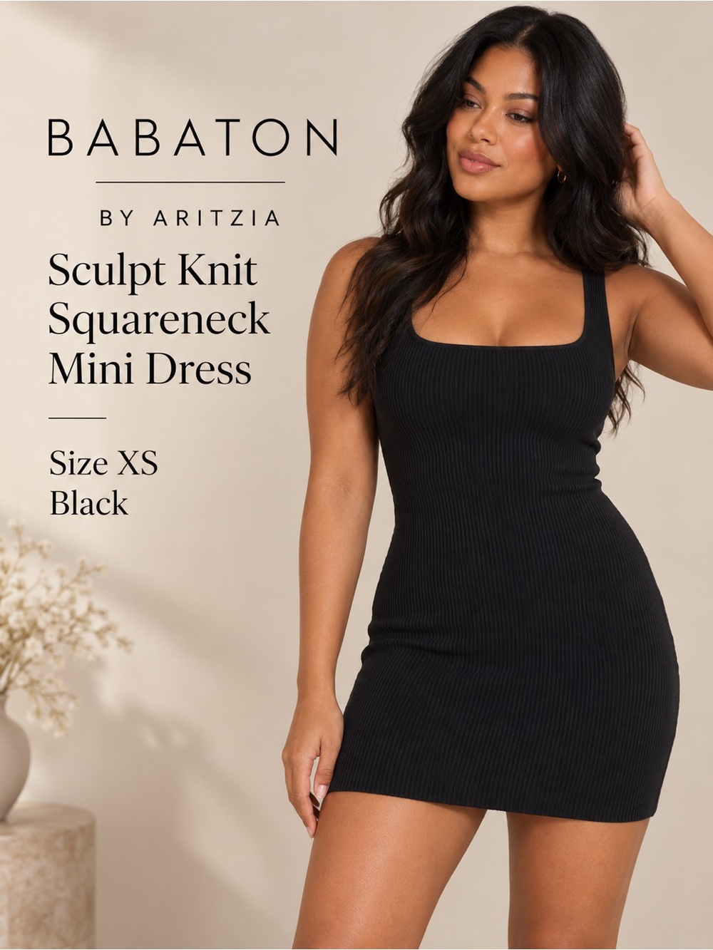 Aritzia Babaton Sculpt Knit Squareneck Mini Dress Black XS